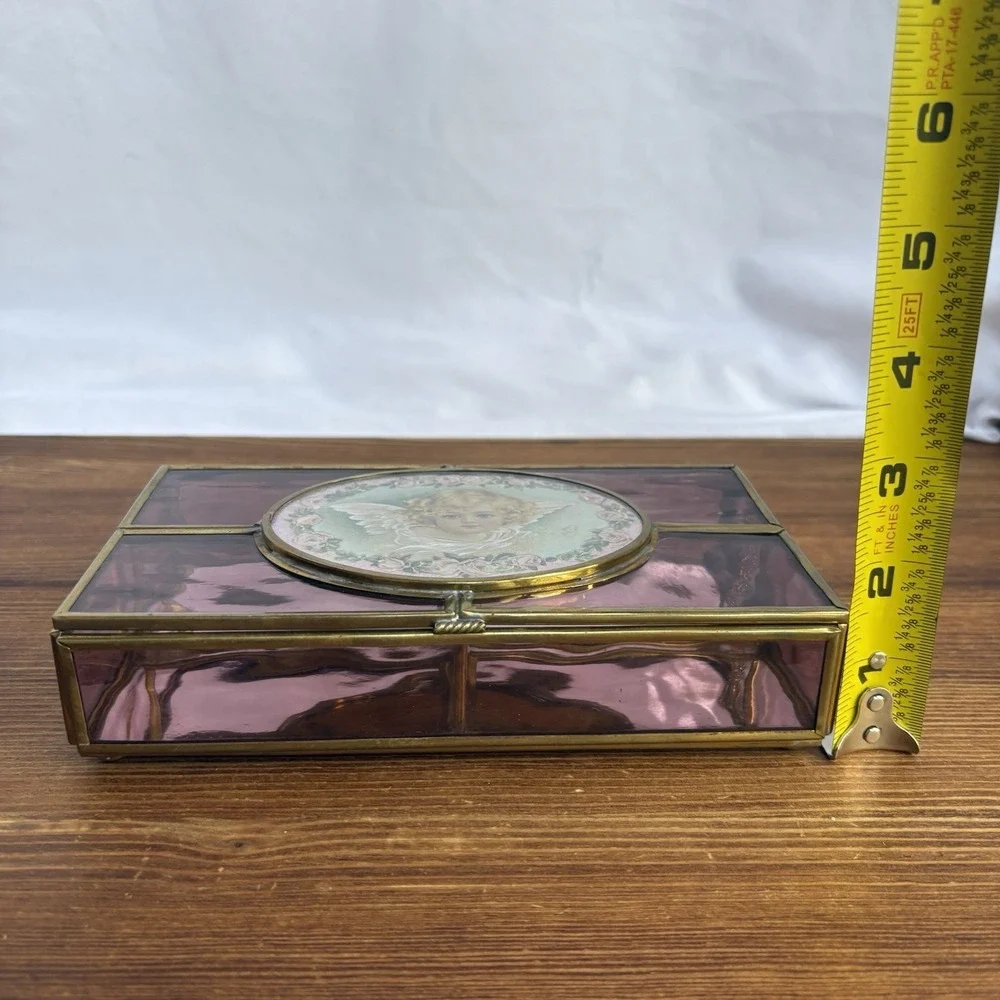 Enesco Amethyst Pink Stained Glass Jewelry Box Cherub Angel Roses Trinket Box